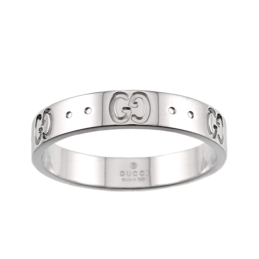 Gucci Icon Ring #18, 18K WG (White Gold 750): --- Catalog ---Category: SizeJP Size: 17.5US Size: 8.5Category: DesignType: Band ringColor: White goldGender: WomenMaterial: White gold (18K)Category: GeneralBrand: Gucci--- Item List ---Section: Cond