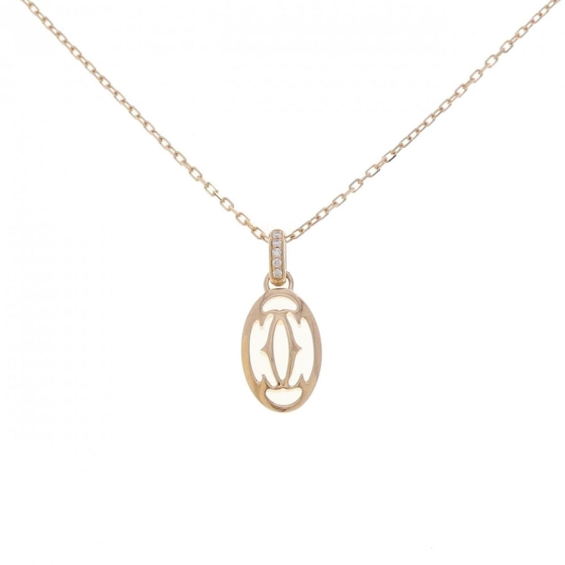 Cartier logo necklace: --- Catalog ---Category: SizePendant Size: 21.8mm x 9.2mm / 0.85'' x 0.36''Neck Circumference: 38 cm - 41 cm / 14.96'' - 16.14''Category: DesignColor: Pink goldStone: DiamondGender: WomenMaterial: