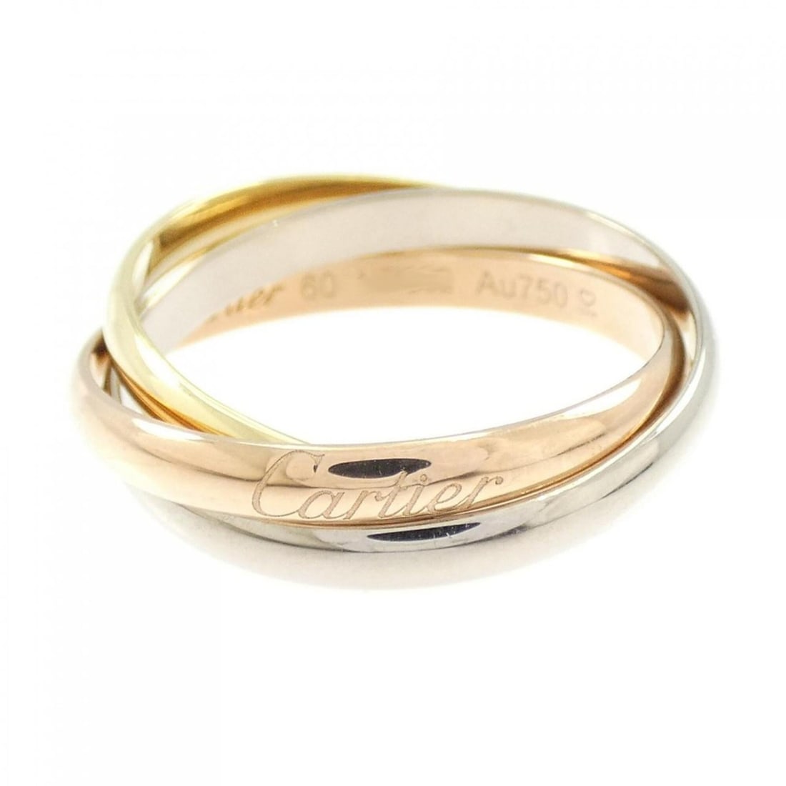Cartier Trinity Ring: --- Catalog ---Category: SizeUS Size: 10Brand Size: 60Category: DesignType: Band ringGender: WomenMaterial: Pink gold (18K), White gold (18K), Yellow gold (18K)Category: GeneralBrand: Cartier--- Item 