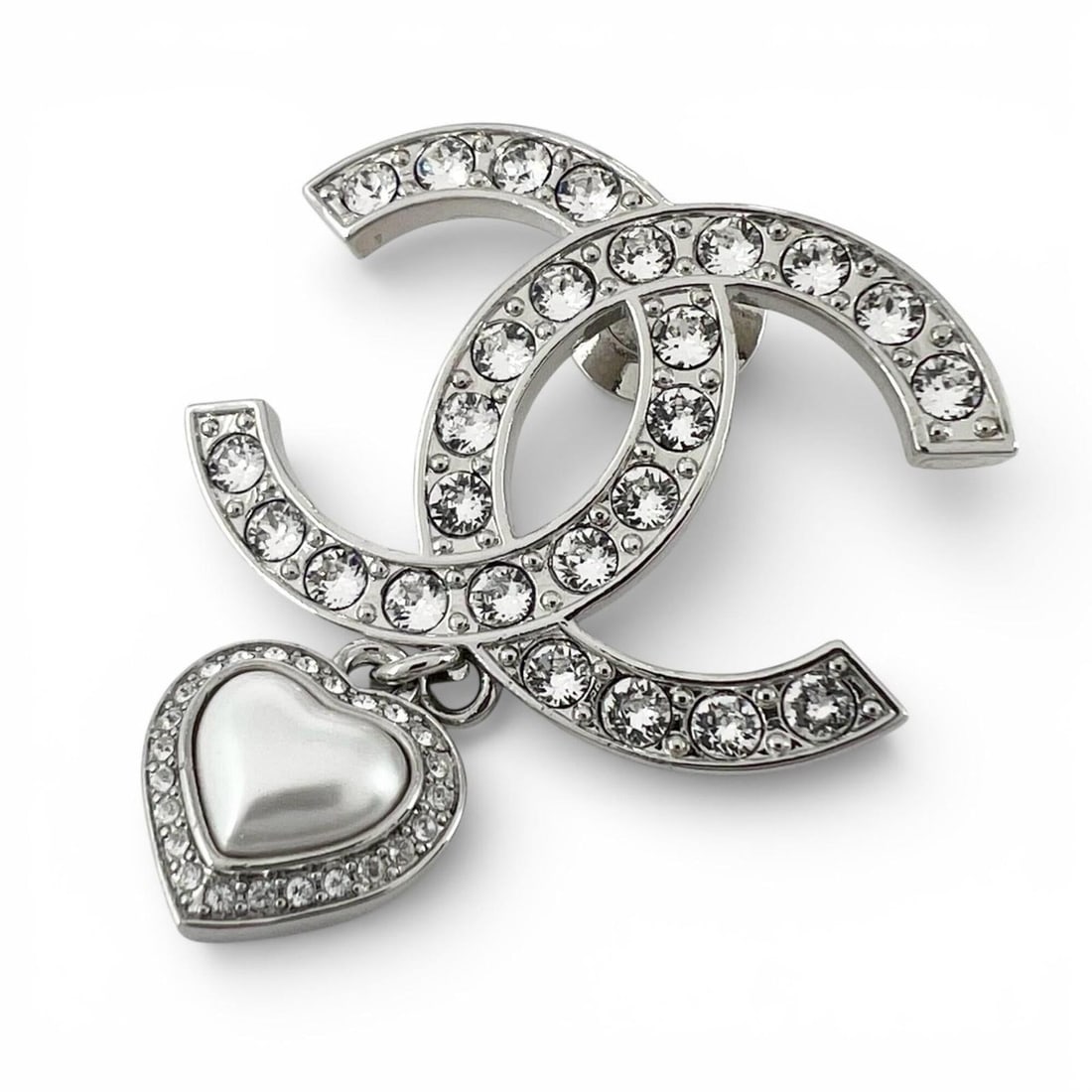 CHANEL B23 Coco Mark Heart Rhinestone Pin Badge Brooch, Silver, Made in Italy, Women's (1 of 6)