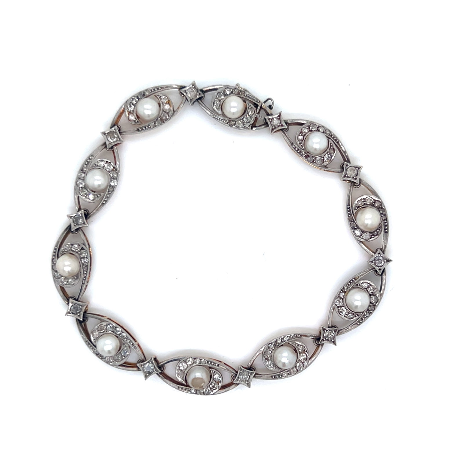 Edwardian Diamonds Natural Pearls 18k Platinum Bracelet: Edwardian Diamonds Natural Pearls 18k Platinum Bracelet