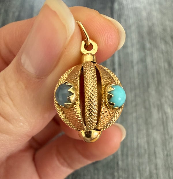 Vintage 18K Gold and Multicolor Stone Orb Charm: A luxurious 18K gold orb charm featuring snake-skin texture and inlaid with turquoise and chrysoprase stones.