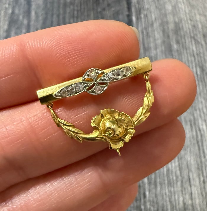 French Victorian 18K Gold Diamond Flower Bar Pin (1 of 1)