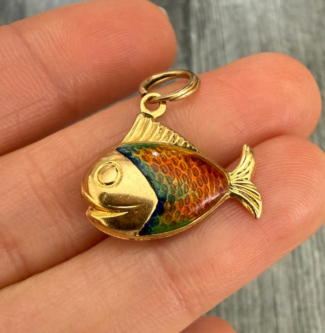 Enamel and 18K Gold Puffy Fish Charm: Metal: 18K Yellow Gold Weight: 2.7 gramsMeasurements: 0.65 inches long by 0.85 inches wide