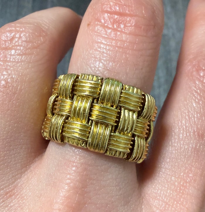 Iconic Roberto Coin Appasionata 18K Gold Band: A signature triple-row basket weave band in 18K yellow gold from the Appasionata collection by Roberto Coin.