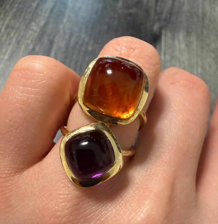 Custom Stacked Citrine and Amethyst Statement Ring: A unique, multi-stone statement ring featuring natural citrine and amethyst gemstones in a custom stacked 14K gold setting.
