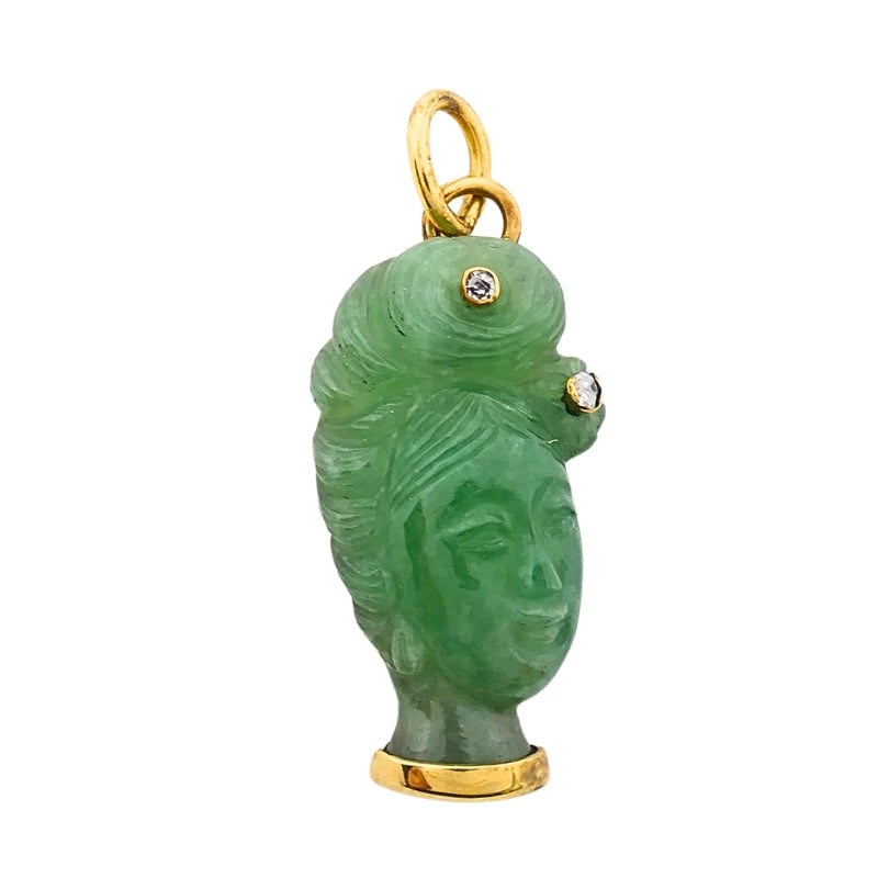 14k Gold Carved Jade Charm: Lady’s Head Diamond Accent