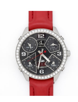 JACOB & CO. Stainless Steel Five Time Zone Watch: The signature Jacob & Co. design allows for five independent time zones, housed in a polished stainless steel case.