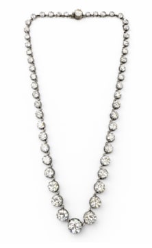 18K White Gold & Platinum Top 34.55 Ct. Graduated Diamond Necklace: A high-jewelry graduated necklace with a platinum top and 18K gold back, featuring a massive 34.55 carats of diamonds.