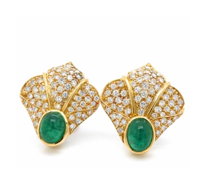 18K Yellow Gold Emerald & Diamonds Earrings: 18K Yellow Gold; Emeralds and Diamonds.