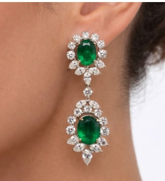 Platinum & 18K White Gold Emerald & Diamond Earrings: Platinum & 18K White Gold; Emeralds and Diamonds.