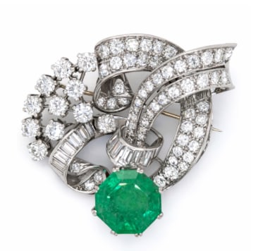 Art Deco Platinum GIA Certified 9.77 Ct. Emerald & Diamond Brooch: Platinum; Art Deco GIA Certified 9.77 Ct. Emerald and Diamond Brooch.