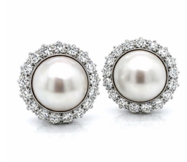 18K White Gold Mabe Pearl & Diamond Earrings: 18K White Gold; Mabe Pearls and Diamond accents.