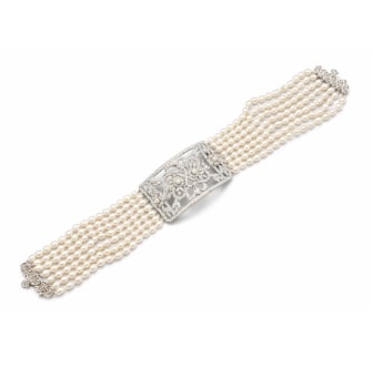 18K White Gold 10.00 Ct. Diamond & Pearl Choker Necklace: 18K White Gold; 10.00 Ct. of Diamonds with Pearl accents.