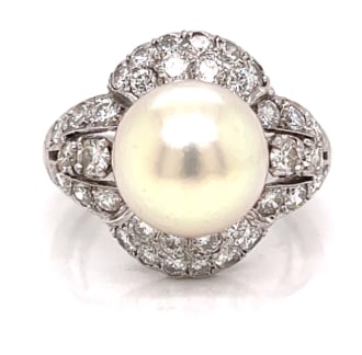 1950’s Platinum Pearl & Diamond Ring: Platinum; 1950's vintage design with Pearl and Diamonds.