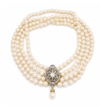 18K Yellow Gold & Silver Top Pearl & Diamond Necklace: 18K Yellow Gold with Silver Top; features Pearl and Diamonds.