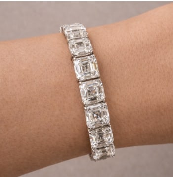 Platinum Graduated 44.00 Ct. Ascher-cut Diamond Tennis Bracelet: Platinum; Graduated design with 44.00 Ct. of Ascher-cut Diamonds.