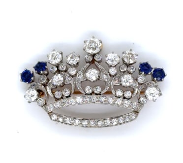18K Yellow Gold & Platinum Top Diamond and Sapphire Crown Brooch (1 of 1)