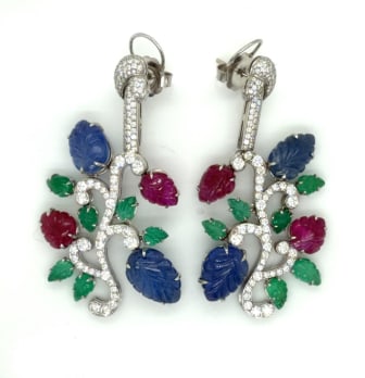 Platinum Diamond, Carved Emerald, Sapphire, and Ruby Earrings: Platinum; multi-gemstone earrings with Carved Emerald, Sapphire, Ruby, and Diamonds.