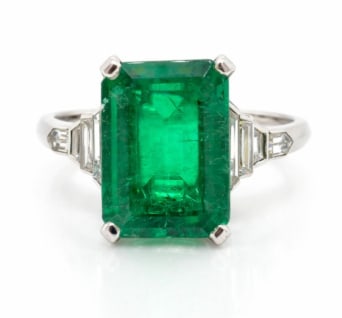 Platinum 6.25 Ct. Colombian Emerald & Diamond Ring: Platinum; 6.25 Ct. Colombian Emerald with Diamond accents.