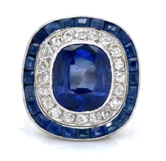 Art Deco Platinum GIA Certified Lab Grown Sapphire & Diamond Ring: Platinum; GIA Certified Lab Grown Sapphire and Diamonds.