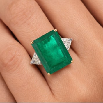 18K Yellow & White Gold AGL Certified 19.00 Ct. Colombian Emerald and Diamond Ring: 18K Yellow & White Gold; AGL Certified 19.00 Ct. Colombian Emerald.