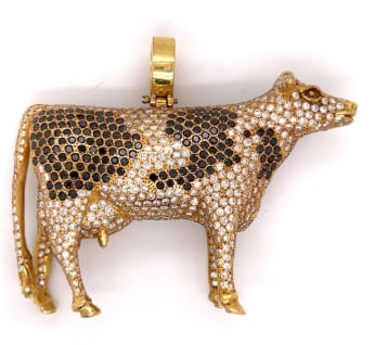 18K Yellow Gold White & Black Diamond Cow Pendant (1 of 1)