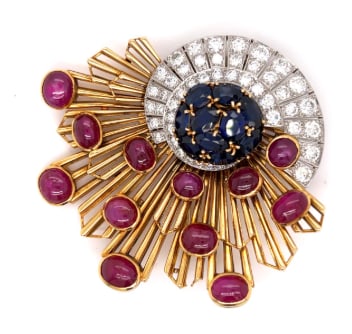 Retro 18K Yellow Gold & Platinum AGL Certified Sapphire, Ruby, and Diamond Brooch (1 of 1)