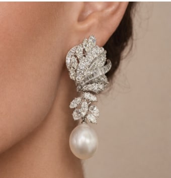 DAVID WEBB Platinum 10.90 Ct. Diamond & South Sea Pearl Earrings: Platinum; 10.90 Ct. Diamond and South Sea Pearl earrings by David Webb.