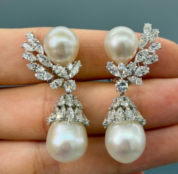 Platinum South Sea Pearl & Diamond Earrings: Platinum; South Sea Pearls accented with Diamonds.