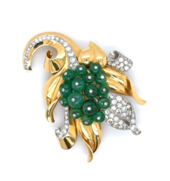 TRABERT & HOEFFER & MAUBOUSSIN 18K Yellow Gold & Platinum Emerald and Diamond Brooch: 18K Yellow Gold & Platinum; signed vintage Emerald and Diamond brooch.