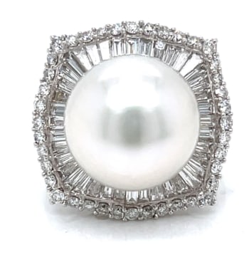 18K White Gold South Sea Pearl & Diamond Ring: 18K White Gold; South Sea Pearl with Diamond halo.