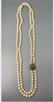 1950’s 14K Yellow Gold Cultured Pearl Necklace: 14K Yellow Gold; 1950's vintage Cultured Pearl strand.