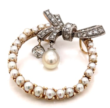1950’s 18K Yellow Gold & Platinum Top Natural Pearl and Diamond Brooch: 18K Yellow Gold & Platinum Top; 1950's Natural Pearl and Diamond brooch.