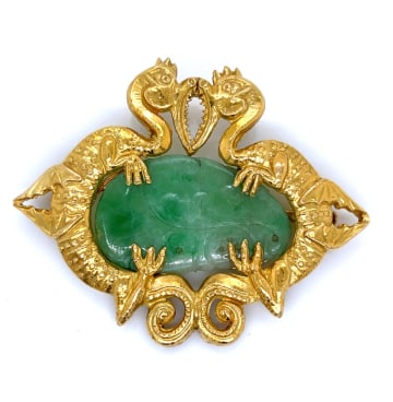 18K Yellow Gold Carved Jade Dragons Brooch/Pendant: 18K Yellow Gold; Carved Jade Dragons in a versatile brooch/pendant design.