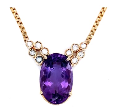 14K Yellow Gold Amethyst & Diamond Necklace: 14K Yellow Gold; Amethyst center stone with Diamond accents.