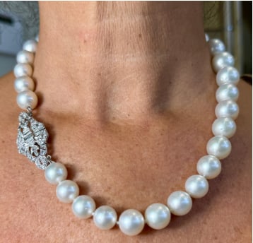 Art Deco Platinum Graduated South Sea Pearl & Diamond Necklace: Platinum; Art Deco design, Graduated South Sea Pearls and Diamonds.