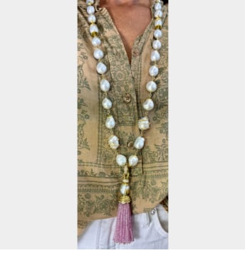 18K Yellow Gold South Sea Pearl, Pink Sapphire, & Diamond Necklace and Pendant Set: 18K Yellow Gold; Set featuring South Sea Pearl, Pink Sapphires, and Diamonds.