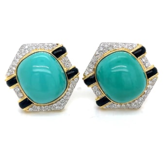 1970’s 18K Yellow Gold Turquoise & Diamond Earrings: 18K Yellow Gold; 1970's vintage featuring Turquoise and Diamonds.