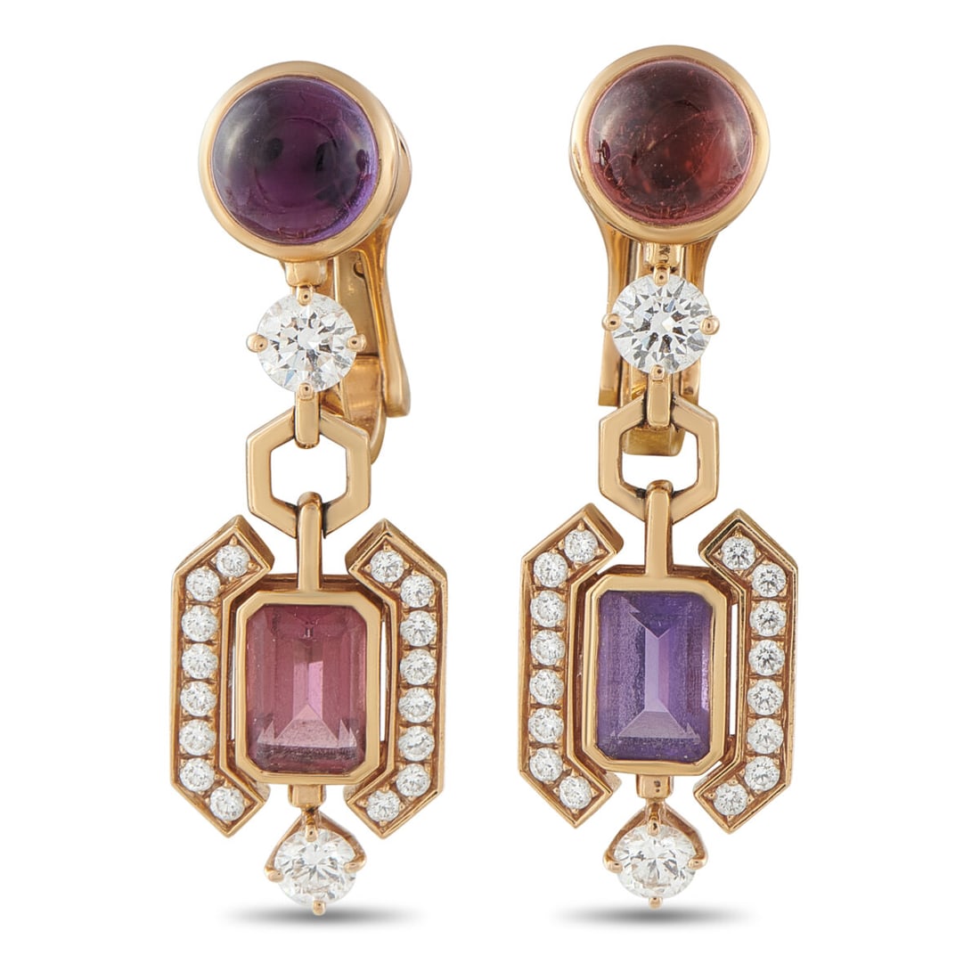 Bvlgari Allegra 18K Rose Gold 1.22ct Diamond, Amethyst, and Tourmaline Earrings BV01-031926: Bvlgari Allegra 18K Rose Gold 1.22ct Diamond, Amethyst, and Tourmaline Earrings BV01-031926