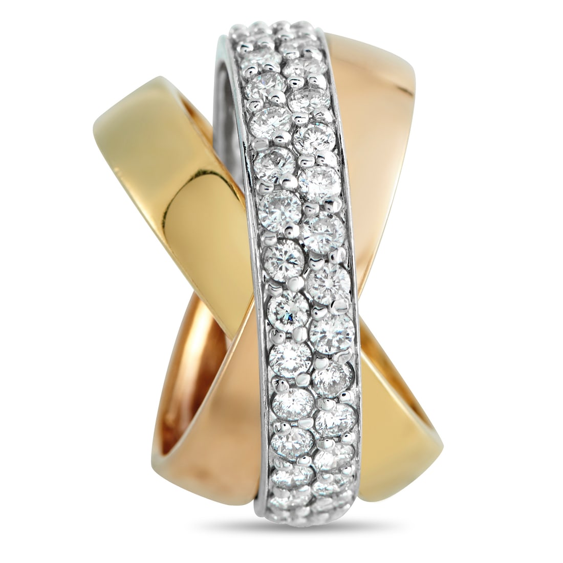 18K Rose, Yellow, and White Gold 1.70ct Diamond Three-Band Ring MF61-031726: 18K Rose, Yellow, and White Gold 1.70ct Diamond Three-Band Ring MF61-031726