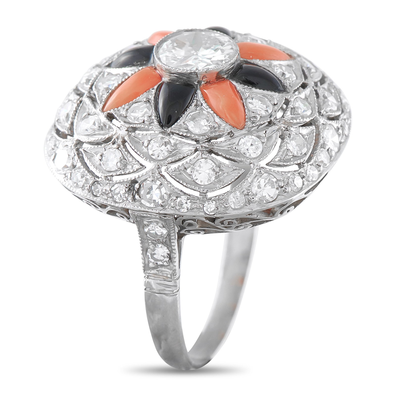 Platinum 1.50ct Diamond, Onyx and Coral Ring MF35-031726 (1 of 1)