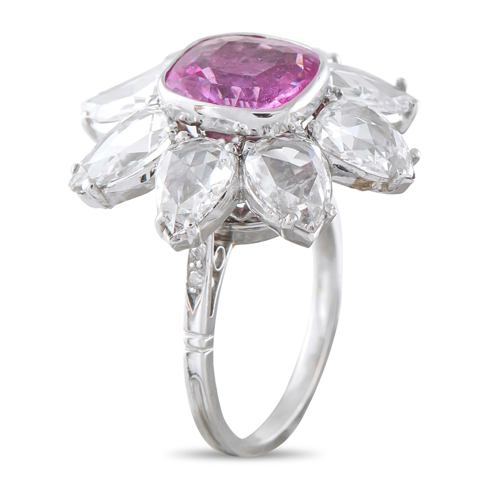 Platinum 3.85ct Diamond and Sapphire Flower Ring MF28-031726: Platinum 3.85ct Diamond and Sapphire Flower Ring MF28-031726