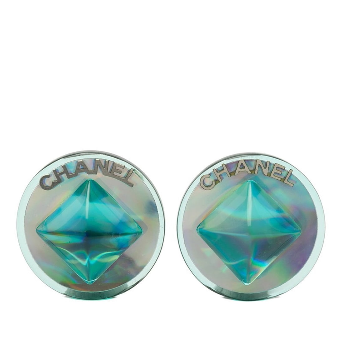 Chanel Logo Aurora Round Pyramid Earrings, 00T Engraving, Blue Plastic, Women's CHANEL (1 of 3)