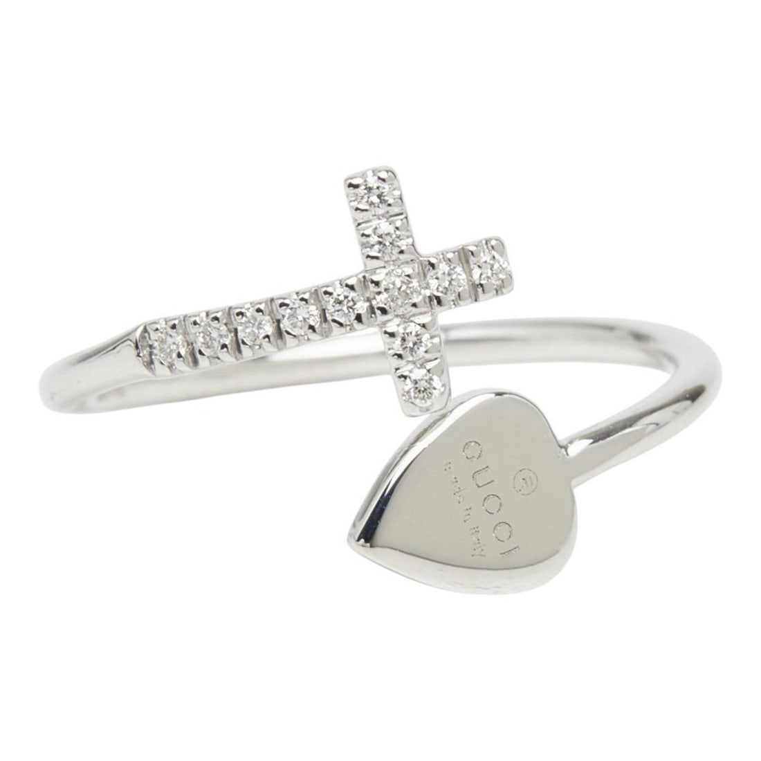 Gucci 18KWG White Gold Diamond Cross Motif Heart Ring for Women GUCCI 1: --- Catalog ---Category: SizeJP Size: 12US Size: 6.5Category: DesignType: Band ringGender: WomenMaterial: White gold (18K)Category: GeneralBrand: Gucci--- Item List ---Section: ConditionRanking: Rank 