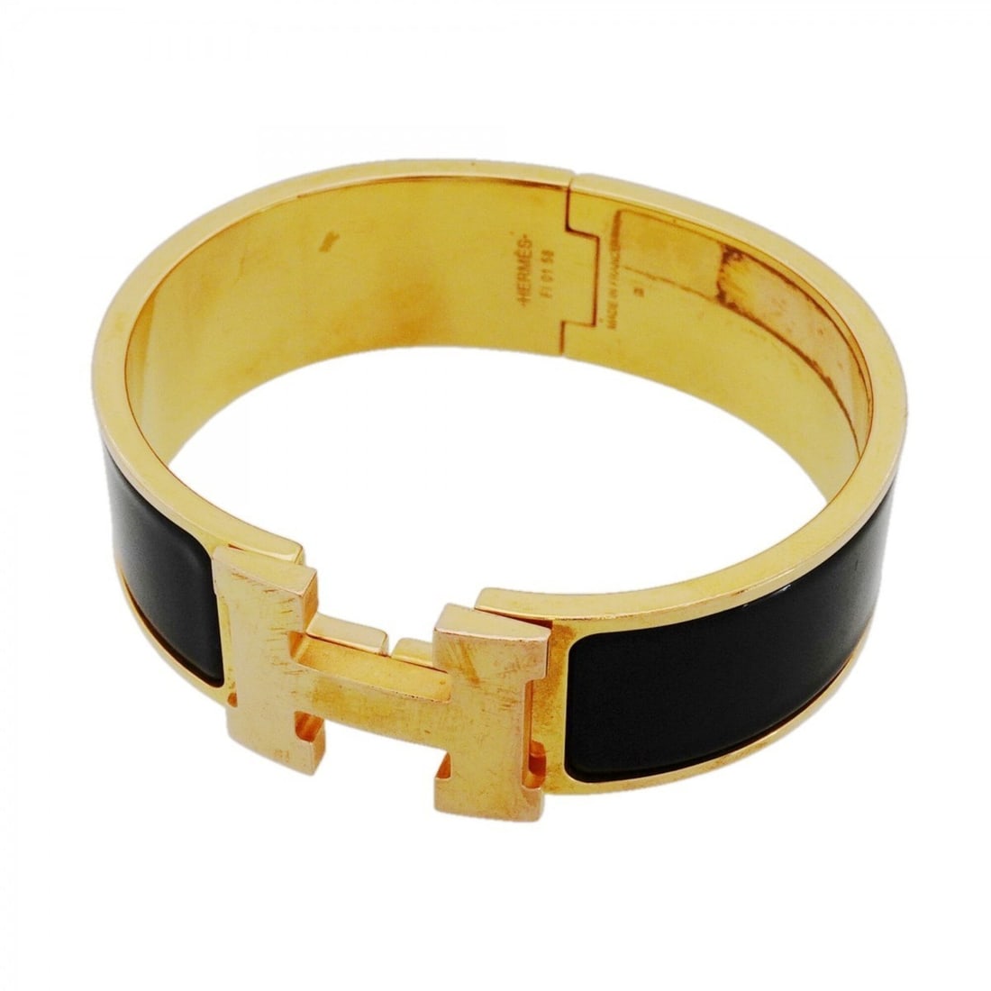 Hermes Bangle Clic Clac GM GP Plated Gold Black Women's OP000741: --- Catalog ---Category: SizeLength: 17cm / 6.69''Category: DesignType: BangleColor: Black, GoldGender: WomenMaterial: Gold platingCategory: GeneralBrand: Hermes--- Item List ---Section: