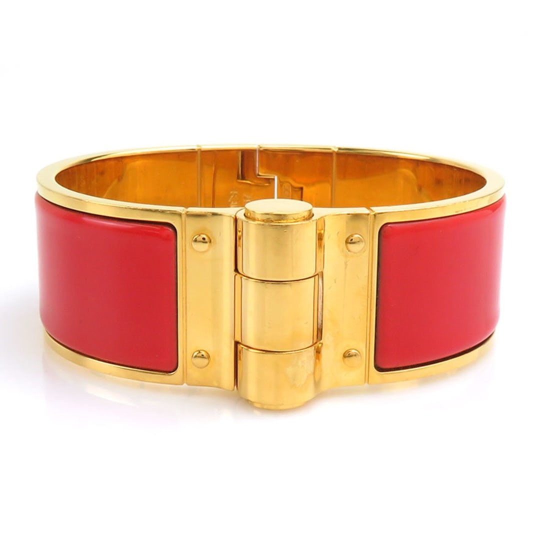 Hermes Charnière Bangle Bracelet, Metal Enamel, Gold Red, Women's, e61876a: --- Catalog ---Category: SizeLength: 17cm / 6.69''Category: DesignType: BangleColor: Gold, Red colorGender: WomenMaterial: Enamel, MetalCategory: GeneralBrand: HermesCountry of Origin: France--- Item 