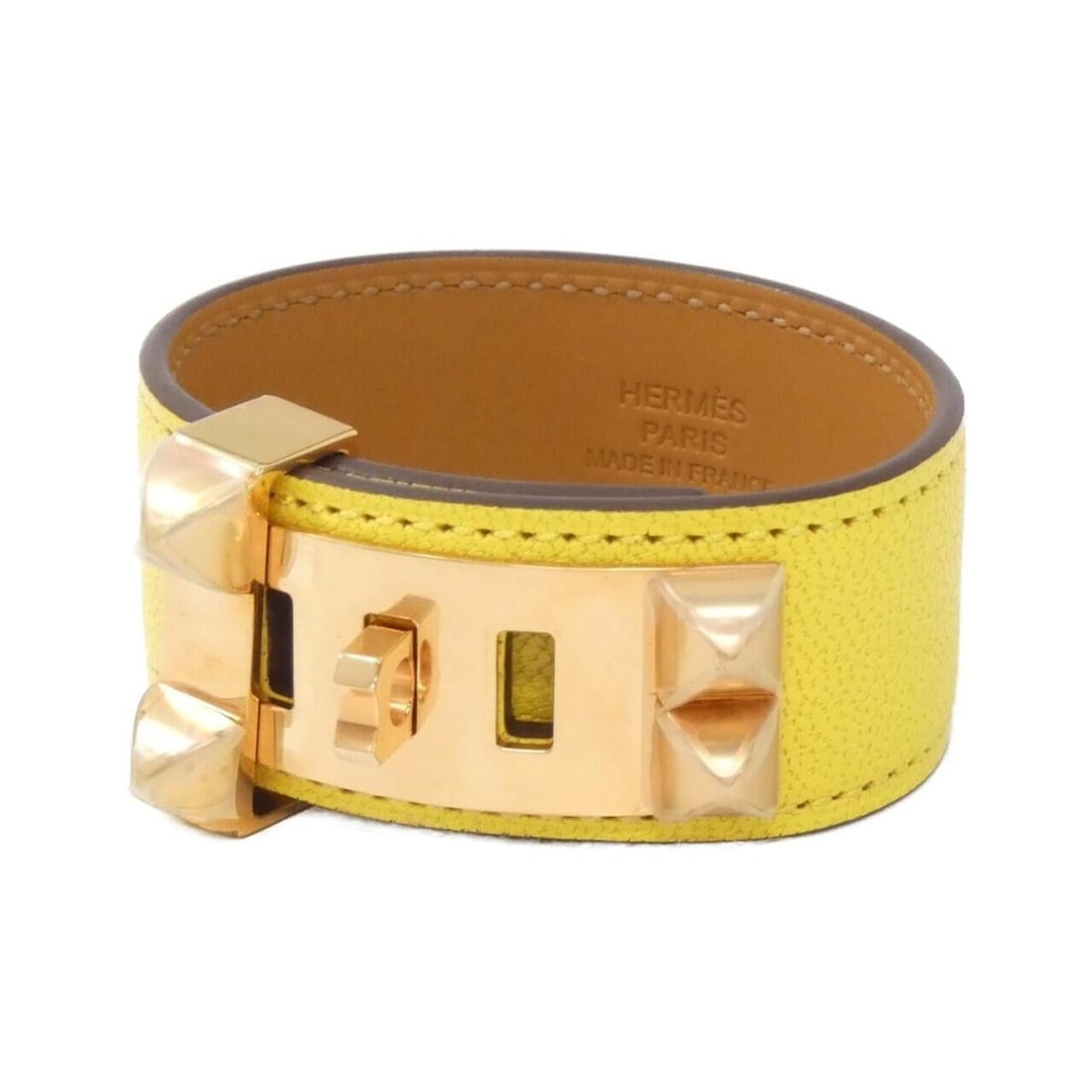 Hermes Hermès Collier de Chien 24 011111CD Bracelet: --- Catalog ---Category: SizeSize: T2Width: 2.29cm / 0.9''Length: 15.5cm - 17.5cm / 6.1'' - 6.88''Category: DesignType: Charm braceletColor: JauneGender: WomenMaterial: Leather, PalladiumCategory: Gen