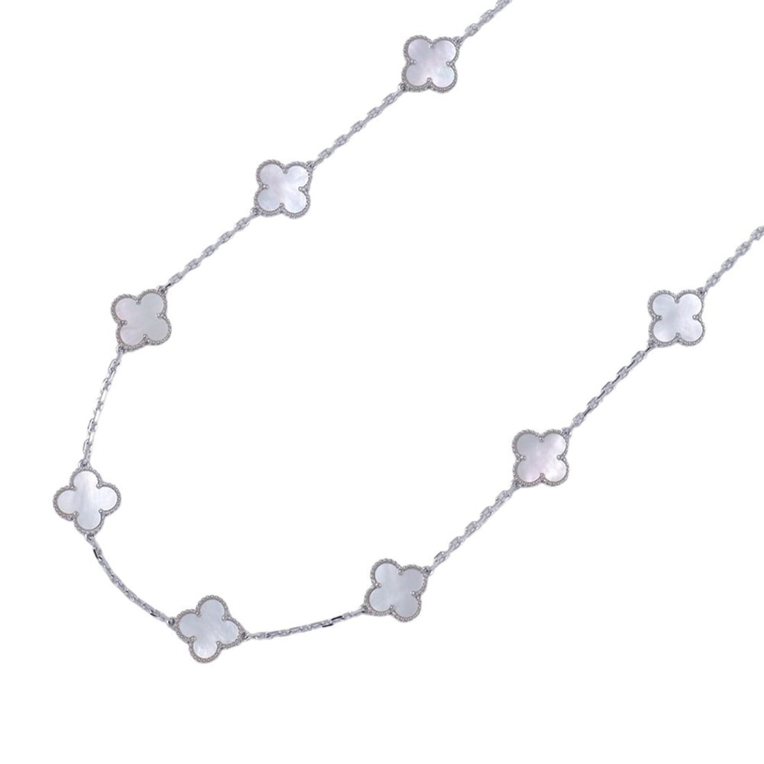 Van Cleef & Arpels Alhambra Necklace, 10 Motifs, Mother-of-Pearl, 18K White Gold (VCARF48500): --- Catalog ---Category: SizePendant Size: 14.9mm x 14.9mm / 0.58'' x 0.58''Neck Circumference: 42 cm / 16.53''Category: DesignGender: WomenMaterial: White gold (18K)Necklace Type: NecklaceCategory: