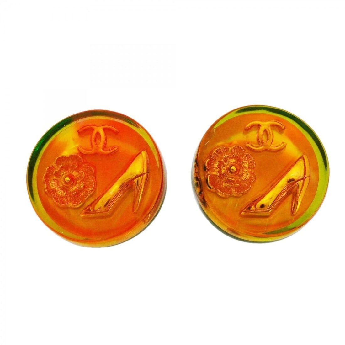 Chanel Earrings, Coco Mark, Camellia, Heel, GP Plated, Resin, Gold, Orange, Women's: --- Catalog ---Category: SizeSize (HxWxD): 24.80mm x 24.80mm / 0.98'' x 0.98''Category: DesignType: Clip earringsColor: Gold, OrangeGender: WomenMaterial: Gold plating, ResinCategory: GeneralBrand: